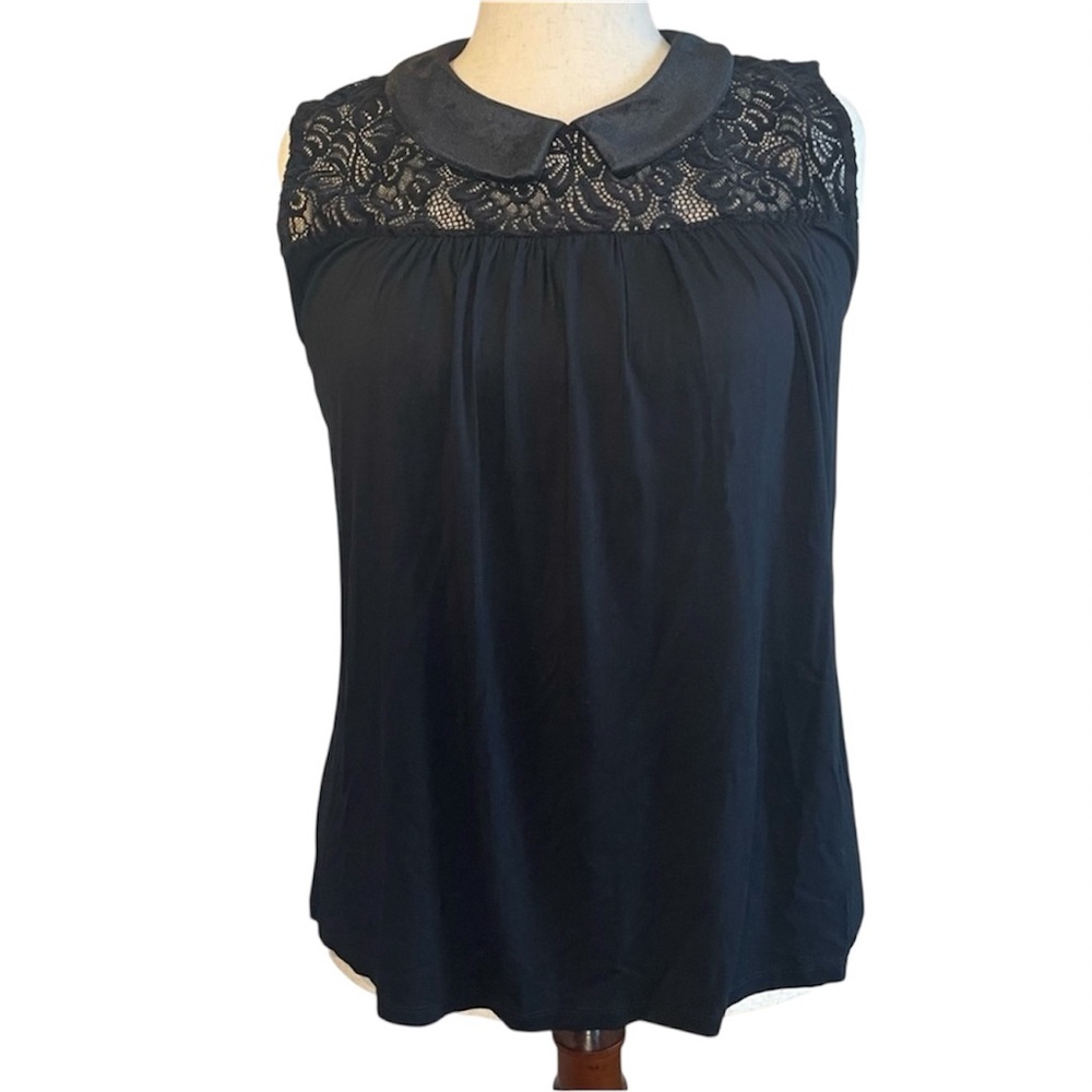 Black Sleeveless Top, Velvet Collar Lace Trim Dark Romantic Whimsy Goth Witchy